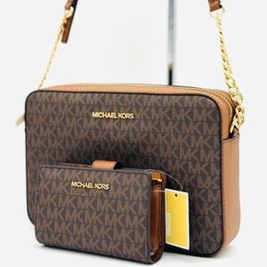 Michael Kors LG EW Crossbody Bag & Zip Chain Bifold Wallet Matching Set Brown